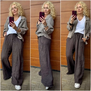 ŠIROKÉ  LNĚNÉ KALHOTY ČOKOHNĚDÉ