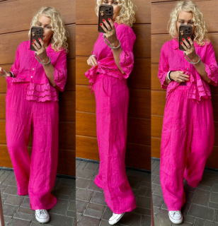 ŠIROKÉ LNĚNÉ KALHOTY FUCHSIE 