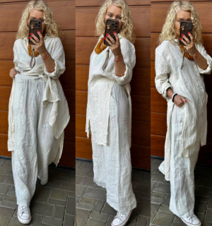 ŠIROKÉ LNĚNÉ KALHOTY BÉŽOVÉ 