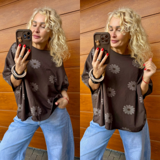 BAVLNĚNÁ MIKINA KVĚT ČOKOHNĚDÁ  kr.rukáv