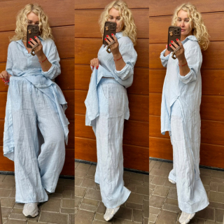 ŠIROKÉ LNĚNÉ KALHOTY SVĚTLE MODRÉ