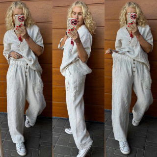 LNĚNÉ KALHOTY SVĚTLE BÉŽOVÉ FLORES