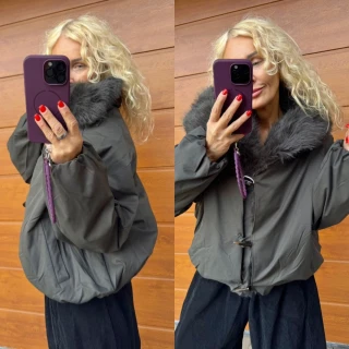 ZIMNÍ BUNDA KHAKI S KOŽÍŠKEM OVERSIZE
